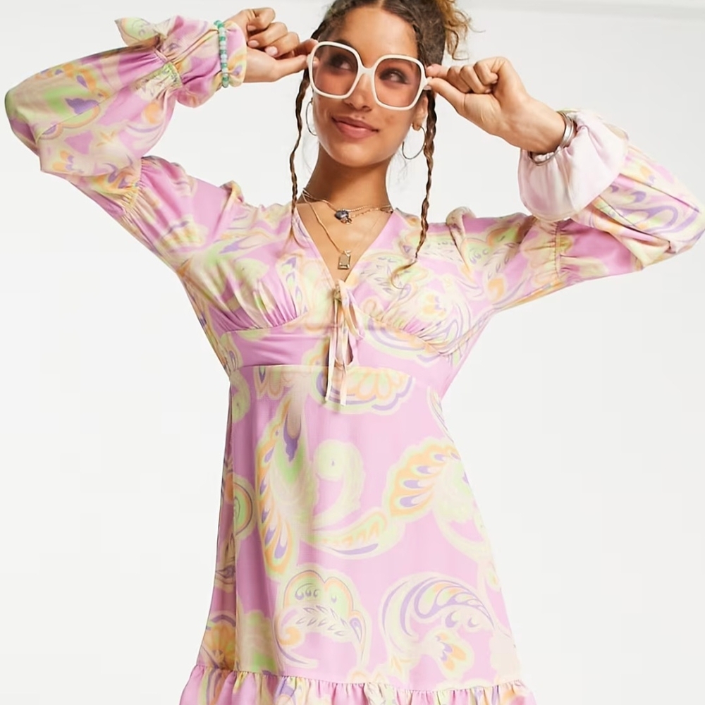 ASOS DESIGN elasticated sleeve tie neck mini‎ dress in large pink floral print